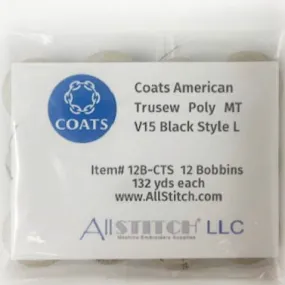 12 Bobbins - Coats V15 Trusew Cardboard Sided Machine Embroidery Bobbins Size L - BLACK