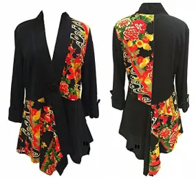 Moonlight - Asian Flower, Geometric Floral Print, Long Slv Asymmetric Hem Jacket