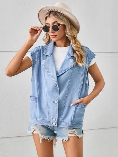 Pocketed Button Up Sleeveless Denim Jacket