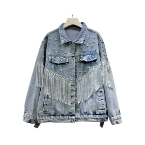 Pre Order:  Tassel Diamond Inlaid Short Denim Jacket