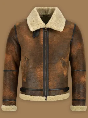 Rugged Vintage Distressed Brown Shearling Leather Jacket for Men