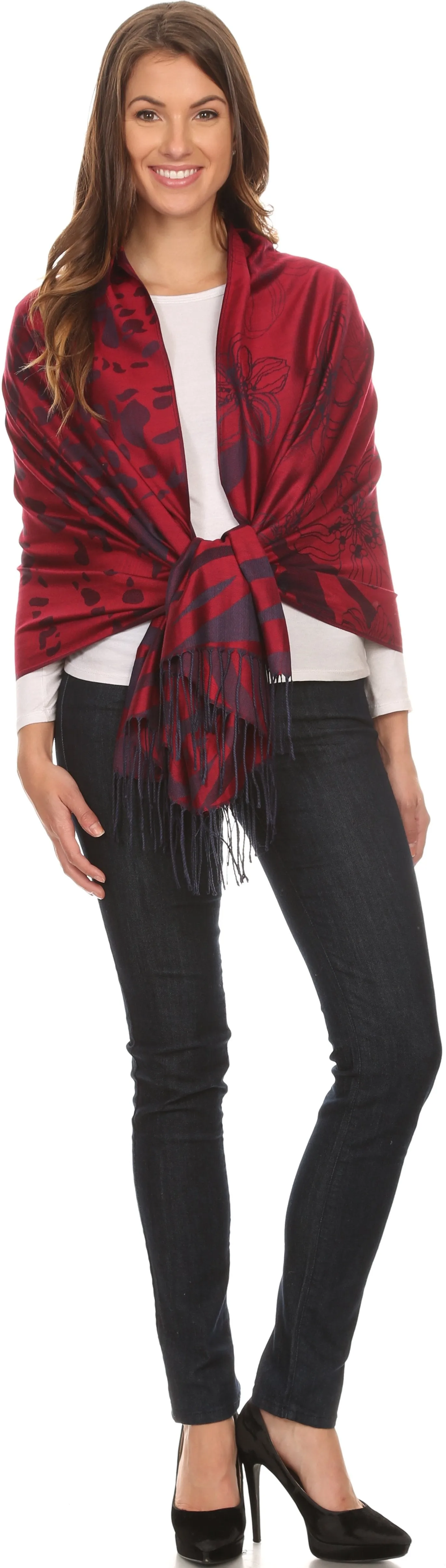 Sakkas Reiley Long Wide Floral Printed Patterened Fringe Pashmina Shawl / Scarf