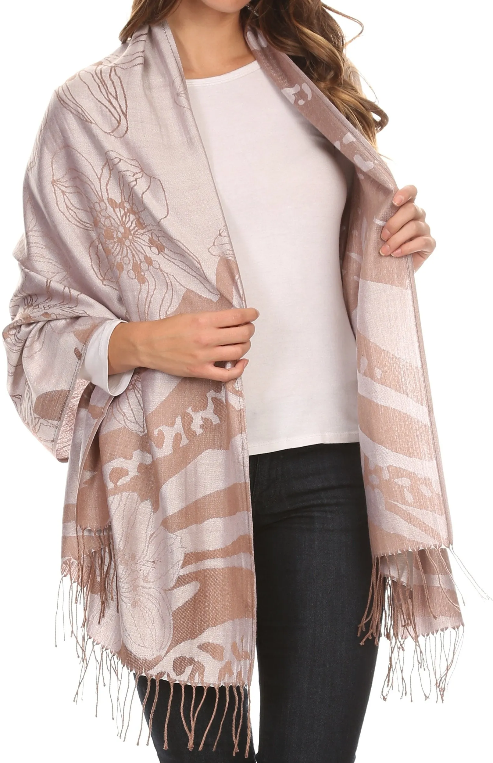 Sakkas Reiley Long Wide Floral Printed Patterened Fringe Pashmina Shawl / Scarf