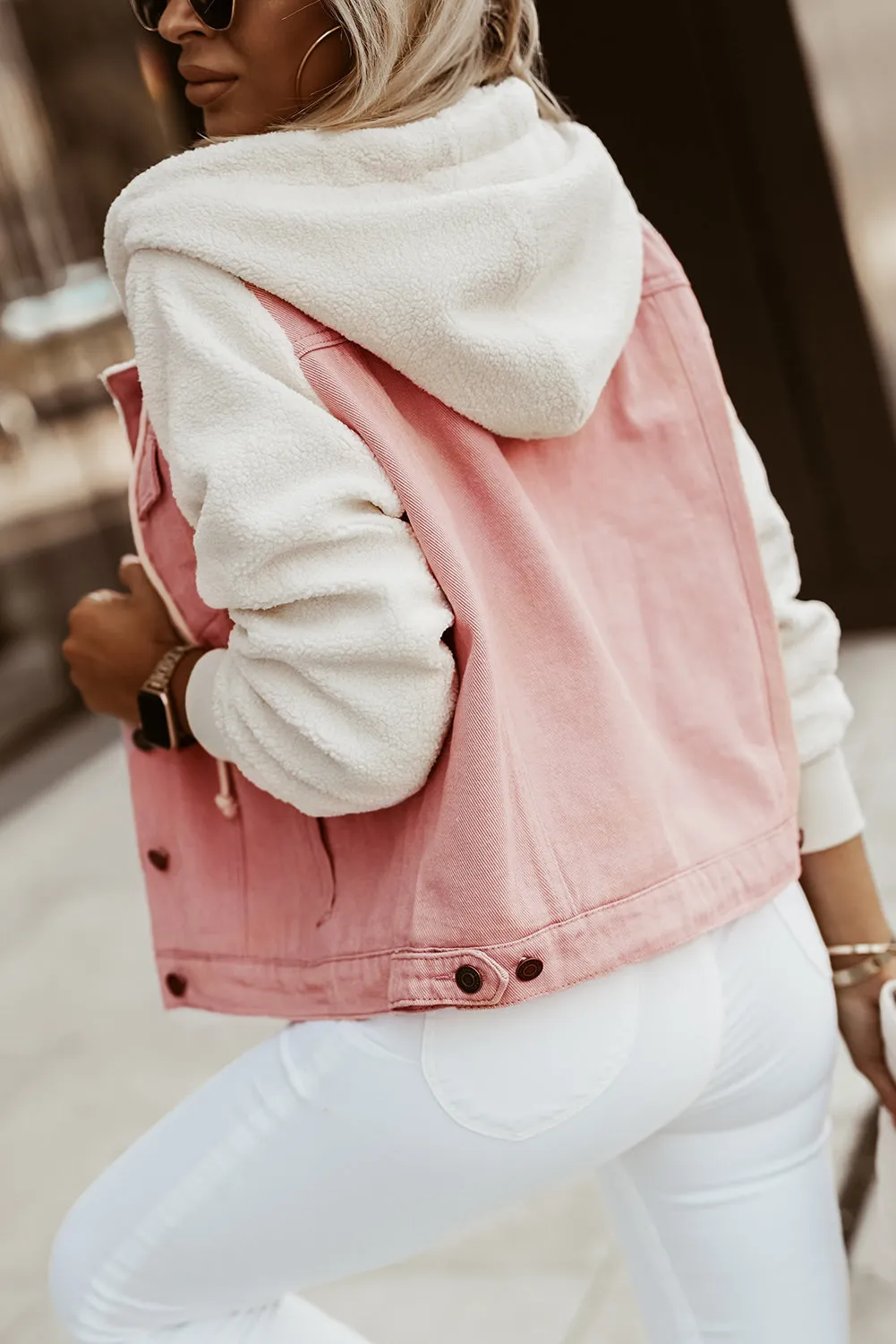 Two-Tone Spliced Denim Sherpa Hooded Jacket